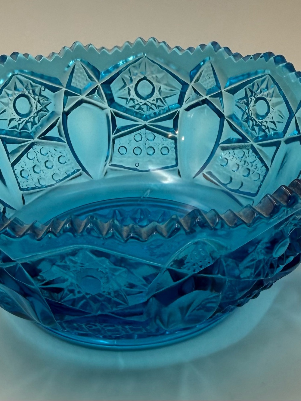 Source Unknown Blue Pressed Glass Bowl with Star & Fan Pattern